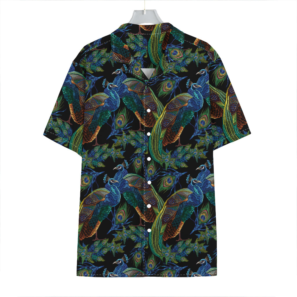 Embroidery Peacock Pattern Print Hawaiian Shirt