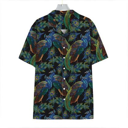 Embroidery Peacock Pattern Print Hawaiian Shirt