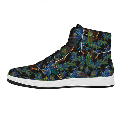 Embroidery Peacock Pattern Print High Top Leather Sneakers