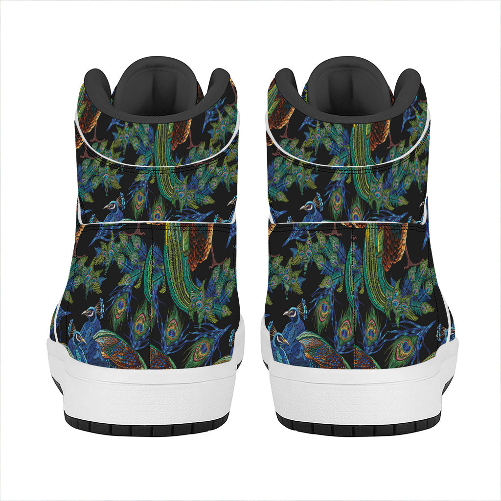 Embroidery Peacock Pattern Print High Top Leather Sneakers
