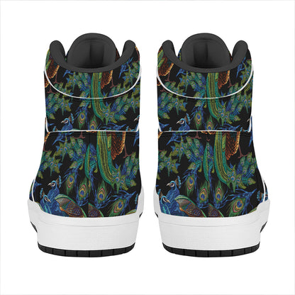 Embroidery Peacock Pattern Print High Top Leather Sneakers