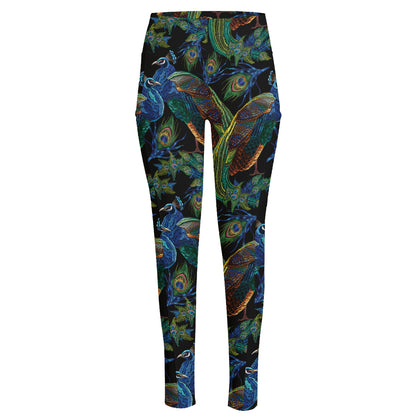 Embroidery Peacock Pattern Print High-Waisted Pocket Leggings