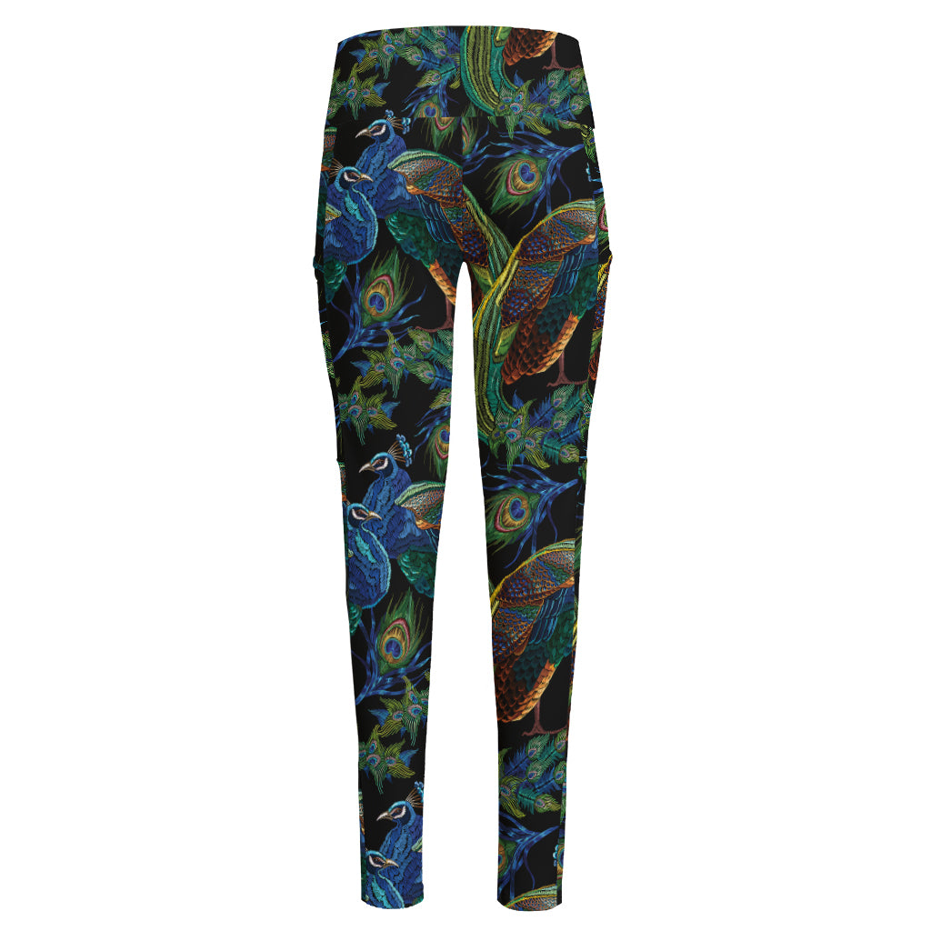Embroidery Peacock Pattern Print High-Waisted Pocket Leggings