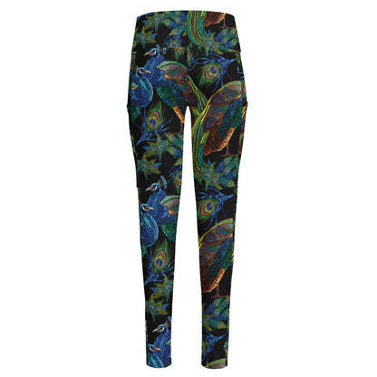 Embroidery Peacock Pattern Print High-Waisted Pocket Leggings