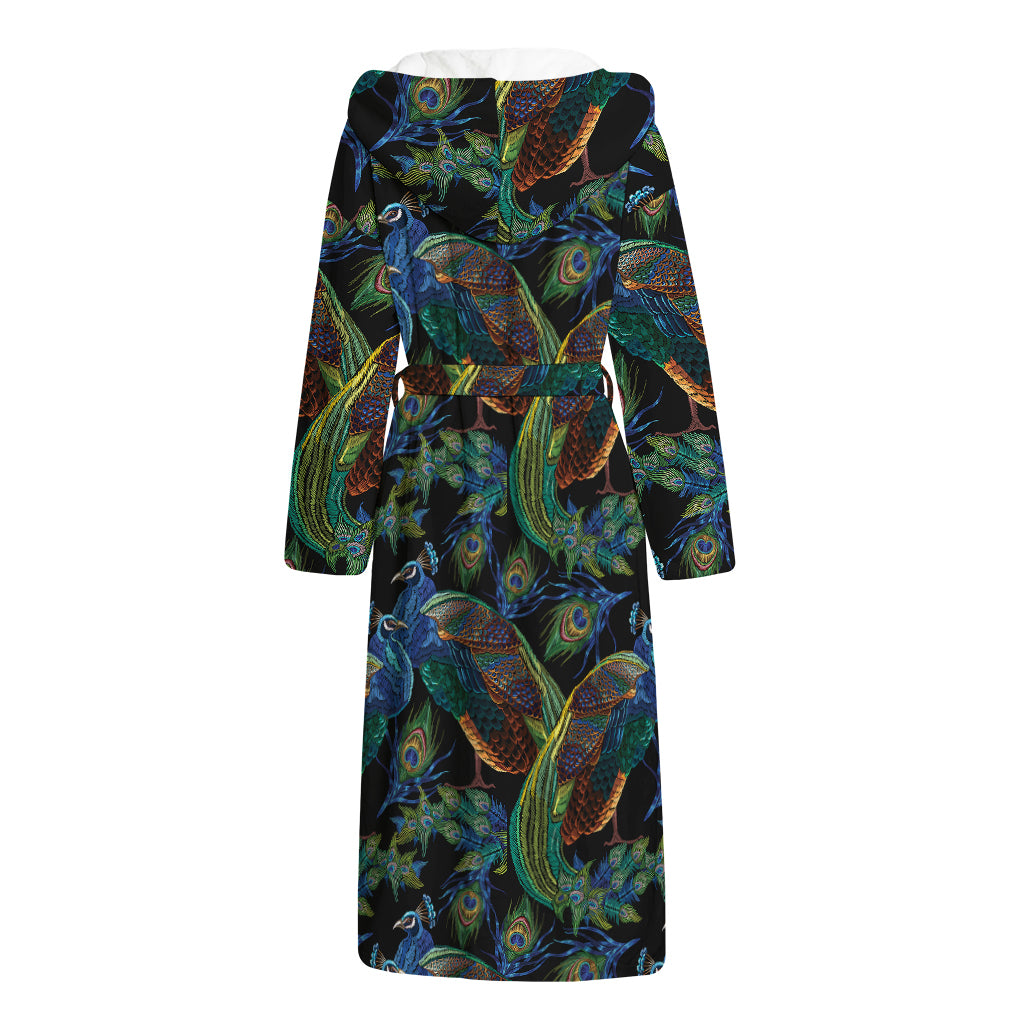Embroidery Peacock Pattern Print Hooded Bathrobe