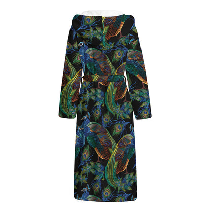 Embroidery Peacock Pattern Print Hooded Bathrobe