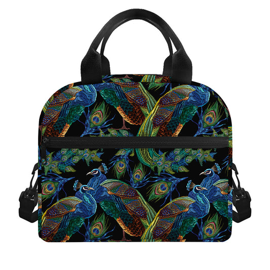Embroidery Peacock Pattern Print Insulated Lunch Bag