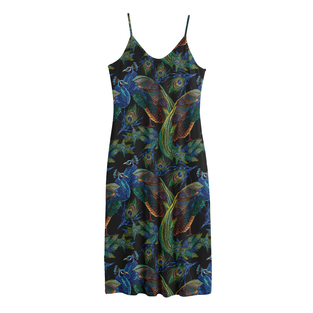 Embroidery Peacock Pattern Print Jersey Midi Cami Dress