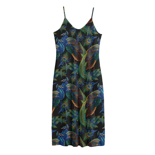 Embroidery Peacock Pattern Print Jersey Midi Cami Dress