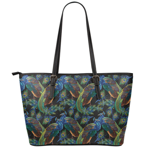 Embroidery Peacock Pattern Print Leather Tote Bag