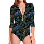 Embroidery Peacock Pattern Print Long Sleeve Swimsuit