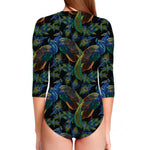 Embroidery Peacock Pattern Print Long Sleeve Swimsuit