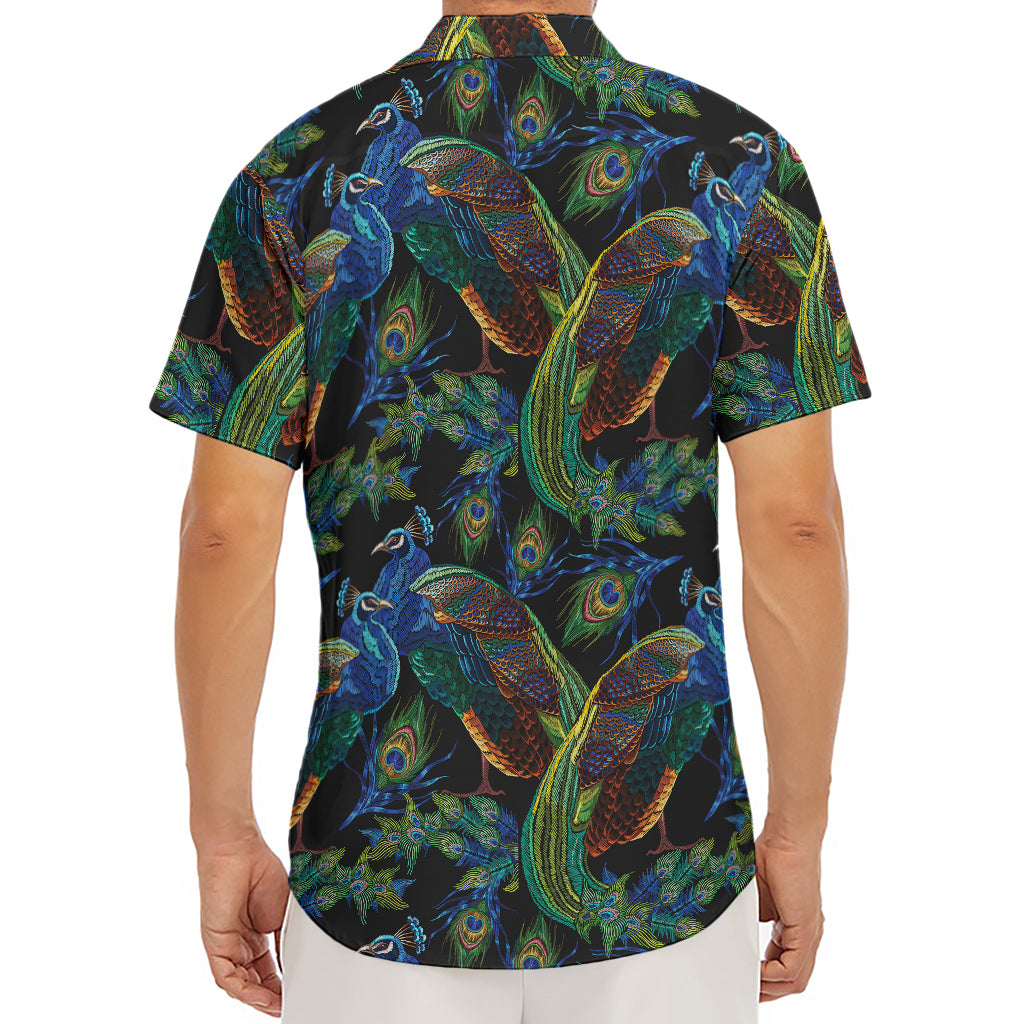 Embroidery Peacock Pattern Print Men's Deep V-Neck Shirt