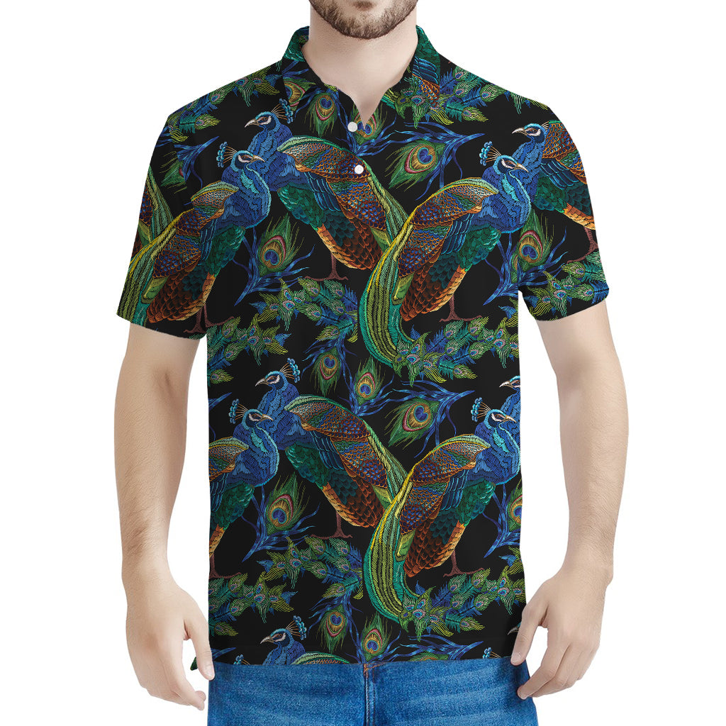 Embroidery Peacock Pattern Print Men's Polo Shirt