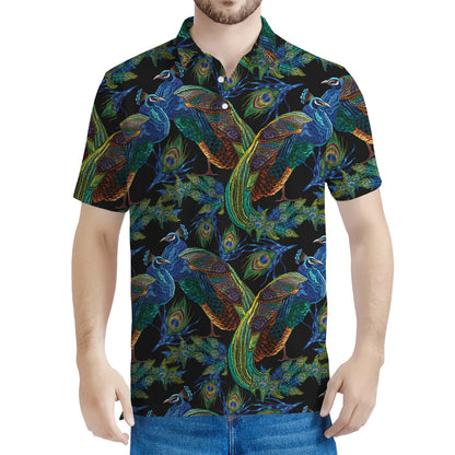 Embroidery Peacock Pattern Print Men's Polo Shirt