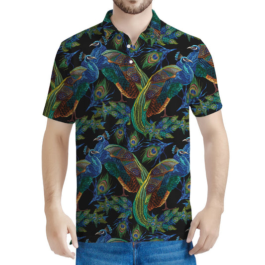 Embroidery Peacock Pattern Print Men's Polo Shirt