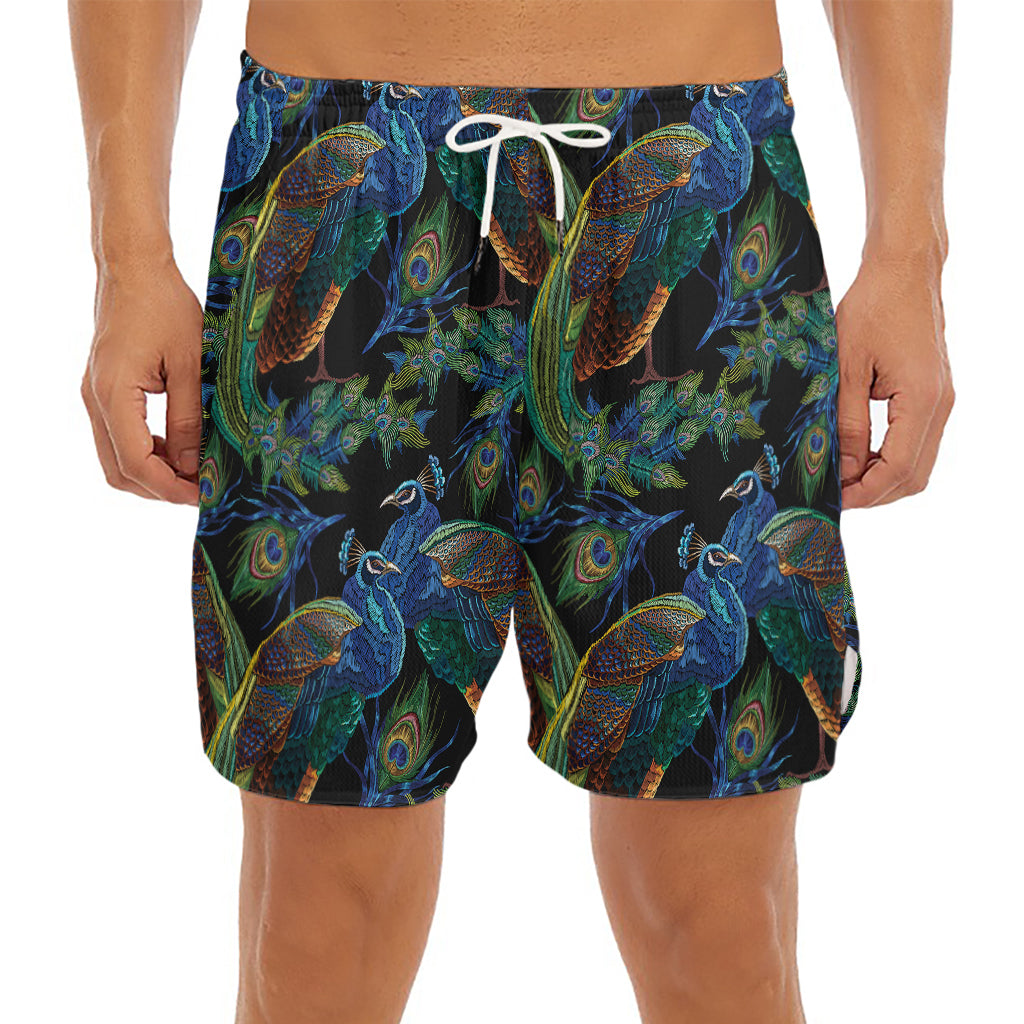 Embroidery Peacock Pattern Print Men's Split Running Shorts