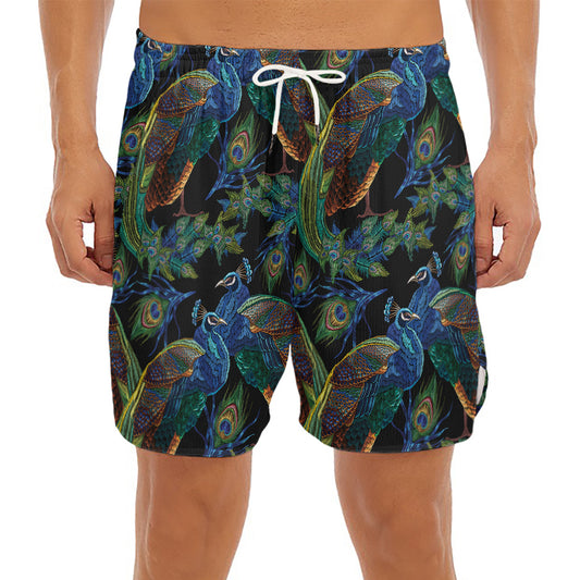 Embroidery Peacock Pattern Print Men's Split Running Shorts