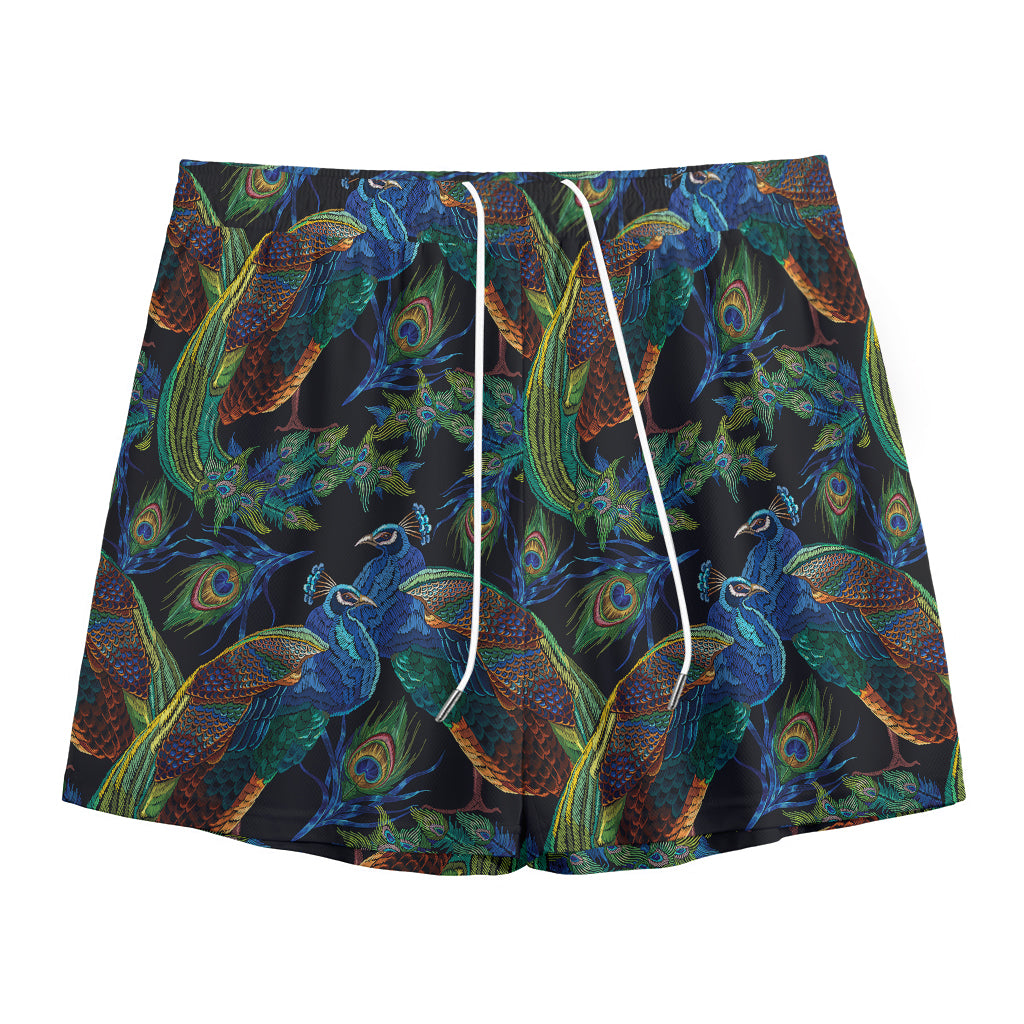 Embroidery Peacock Pattern Print Mesh Shorts