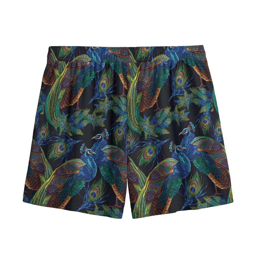 Embroidery Peacock Pattern Print Mesh Shorts