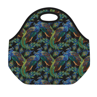 Embroidery Peacock Pattern Print Neoprene Lunch Bag