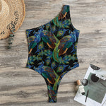 Embroidery Peacock Pattern Print One Shoulder Bodysuit