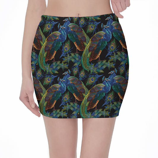 Embroidery Peacock Pattern Print Pencil Mini Skirt