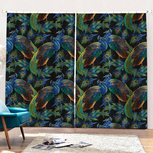 Embroidery Peacock Pattern Print Pencil Pleat Curtains