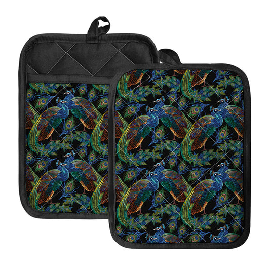 Embroidery Peacock Pattern Print Pot Holders With Pocket