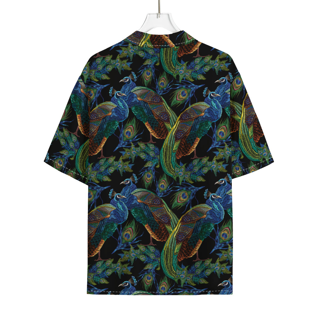 Embroidery Peacock Pattern Print Rayon Hawaiian Shirt