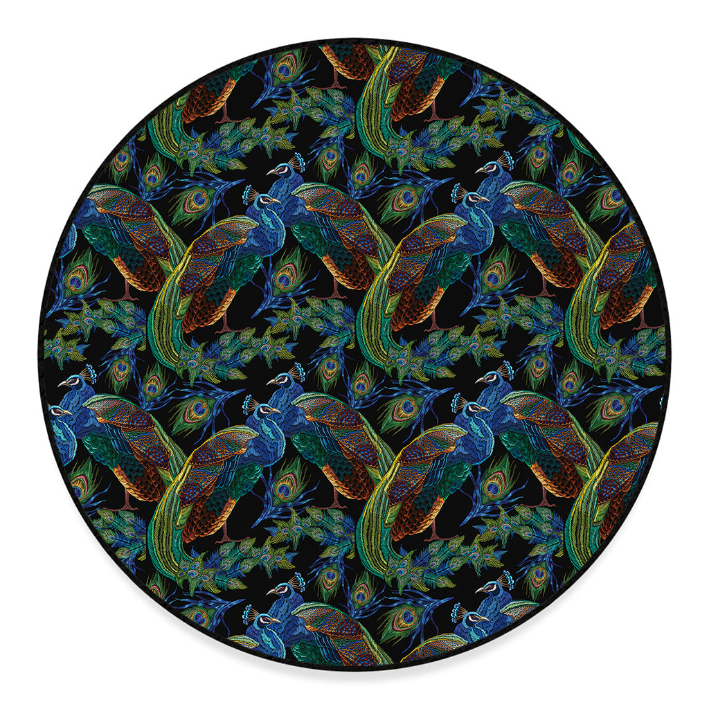 Embroidery Peacock Pattern Print Round Floor Mat