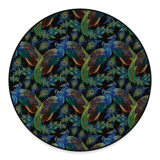 Embroidery Peacock Pattern Print Round Floor Mat