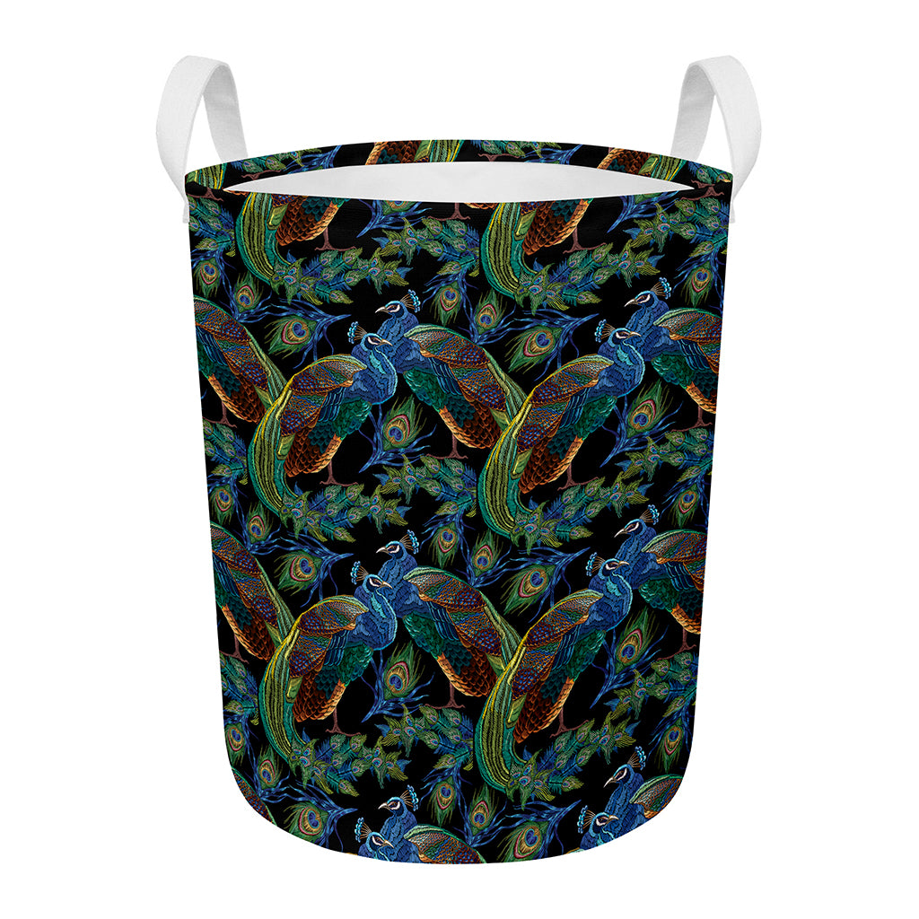 Embroidery Peacock Pattern Print Round Laundry Basket
