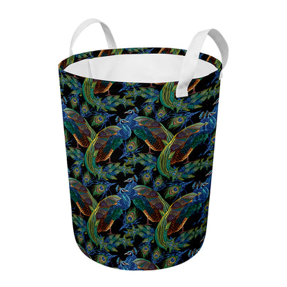 Embroidery Peacock Pattern Print Round Laundry Basket