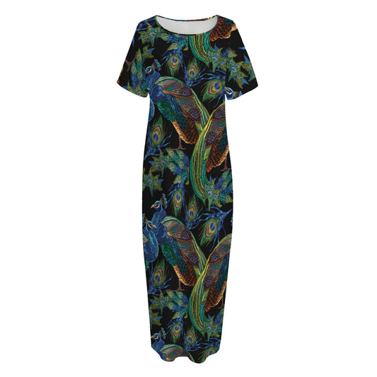 Embroidery Peacock Pattern Print Short Sleeve Long Nightdress