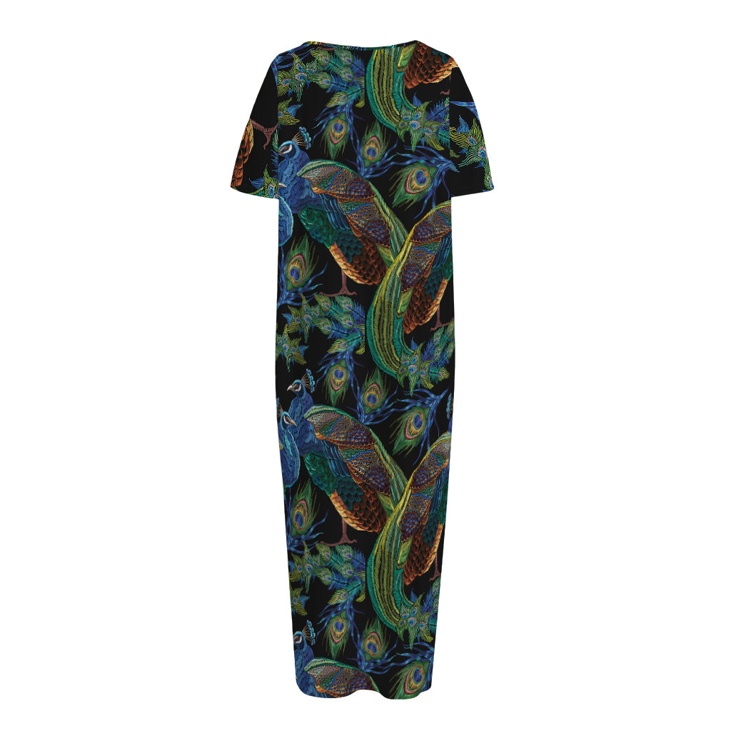 Embroidery Peacock Pattern Print Short Sleeve Long Nightdress