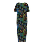 Embroidery Peacock Pattern Print Short Sleeve Long Nightdress
