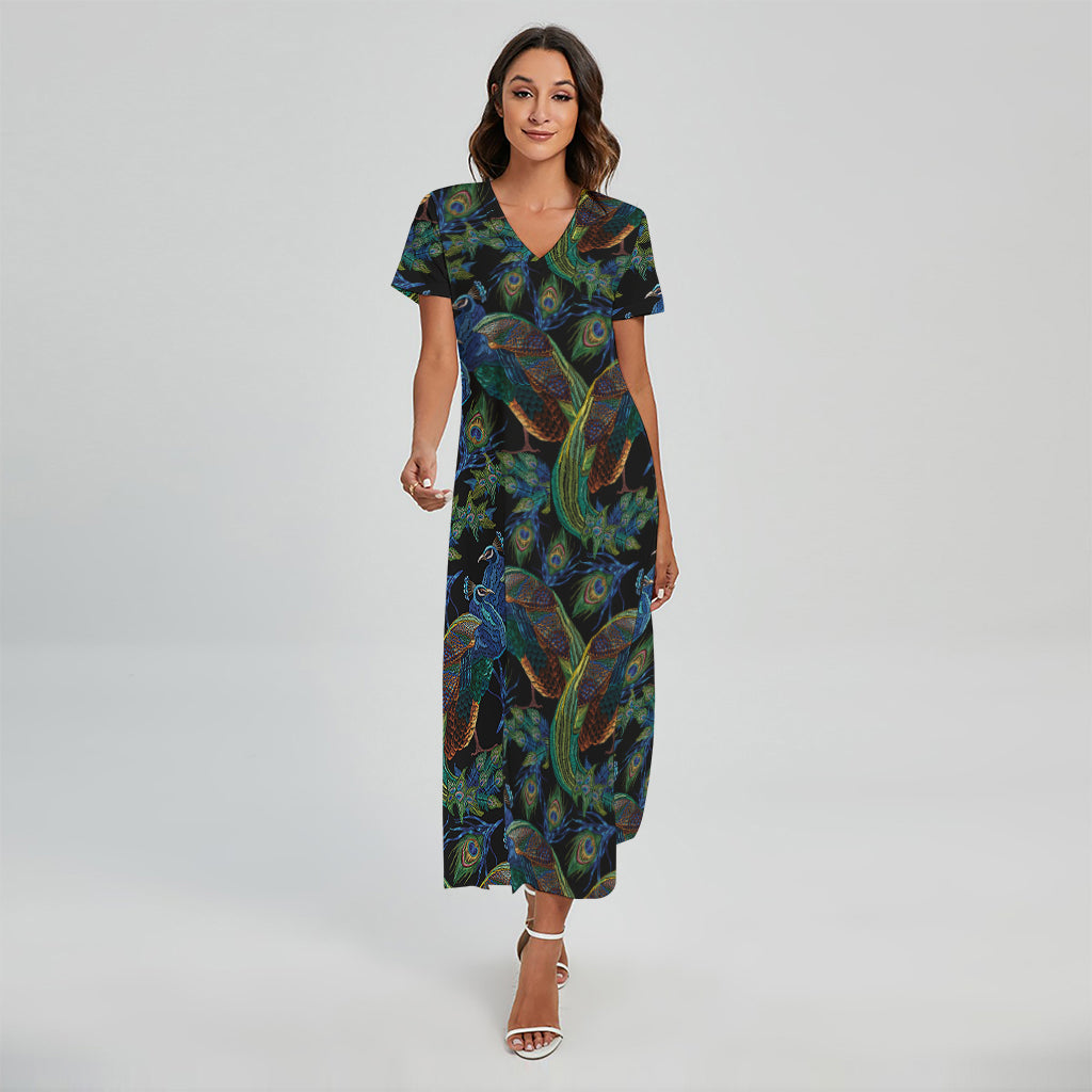 Embroidery Peacock Pattern Print Short Sleeve Maxi Dress