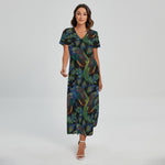 Embroidery Peacock Pattern Print Short Sleeve Maxi Dress