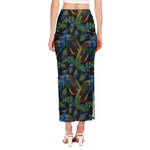 Embroidery Peacock Pattern Print Side Slit Maxi Skirt