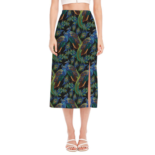 Embroidery Peacock Pattern Print Side Slit Midi Skirt