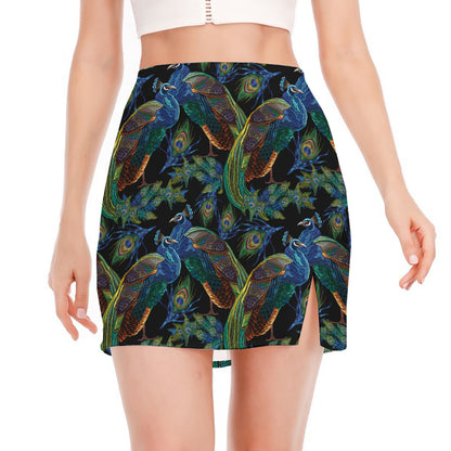 Embroidery Peacock Pattern Print Side Slit Mini Skirt