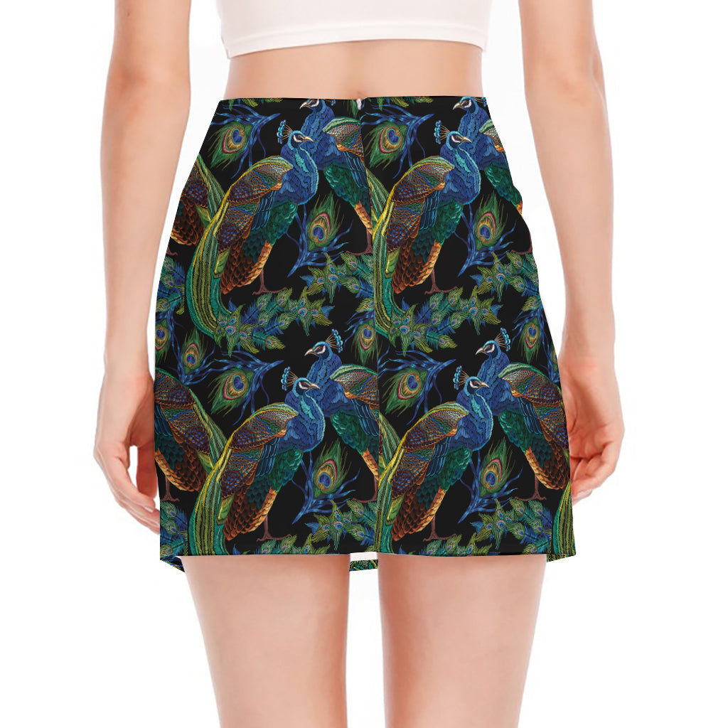 Embroidery Peacock Pattern Print Side Slit Mini Skirt