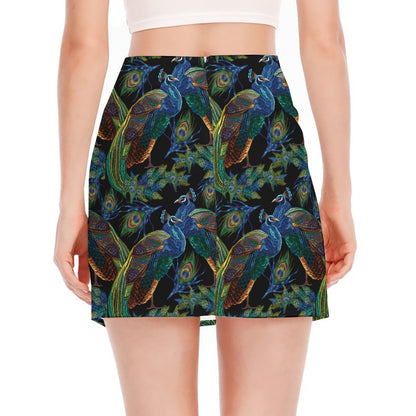 Embroidery Peacock Pattern Print Side Slit Mini Skirt