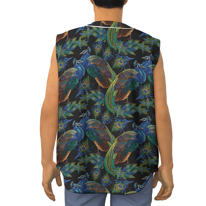 Embroidery Peacock Pattern Print Sleeveless Baseball Jersey
