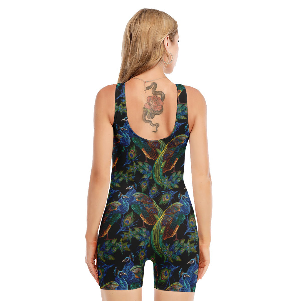 Embroidery Peacock Pattern Print Sleeveless One Piece Swimsuit