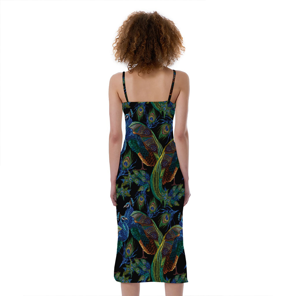 Embroidery Peacock Pattern Print Slim Fit Midi Cami Dress