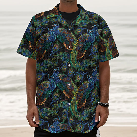 Embroidery Peacock Pattern Print Textured Short Sleeve Shirt