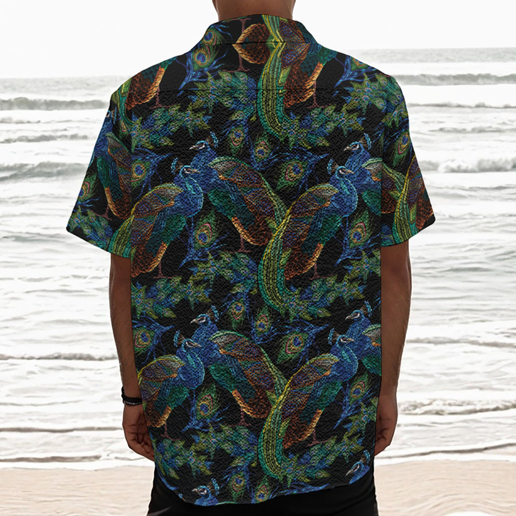 Embroidery Peacock Pattern Print Textured Short Sleeve Shirt