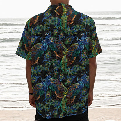 Embroidery Peacock Pattern Print Textured Short Sleeve Shirt